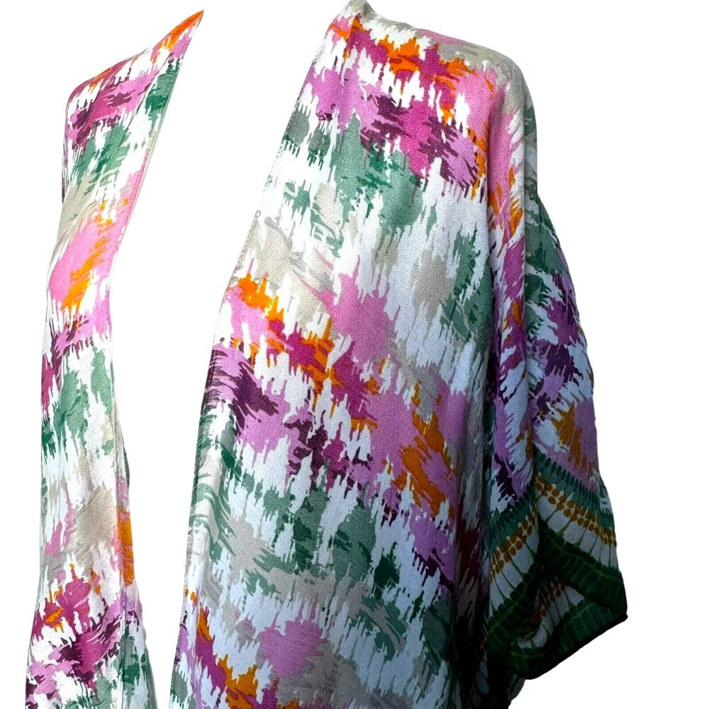 DO EVERYTHING IN LOVE Pink Green Long Open Swim Cover Up Kaftan Kimono Boho